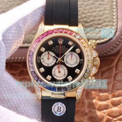 BLF Swiss Replica Rolex Daytona Rainbow Bezel Watch Yellow Gold Rubber Strap